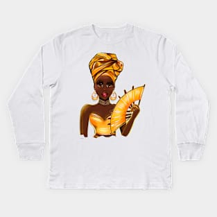 Queen Black is beautiful Anime Manga black girl with Gold headscarf, necklace, earrings, gold dress and head wrap, brown eyes and dark brown skin ! Kids Long Sleeve T-Shirt